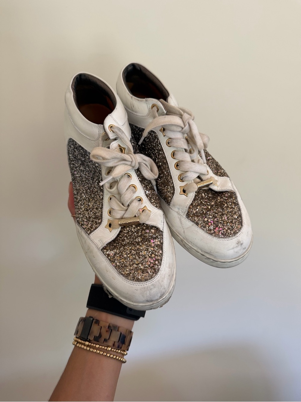 White & Gold Glitter Women's High-Top Sneakers